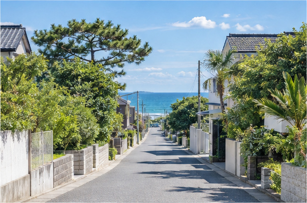 緑のある住宅街から海を望む一宮町の風景